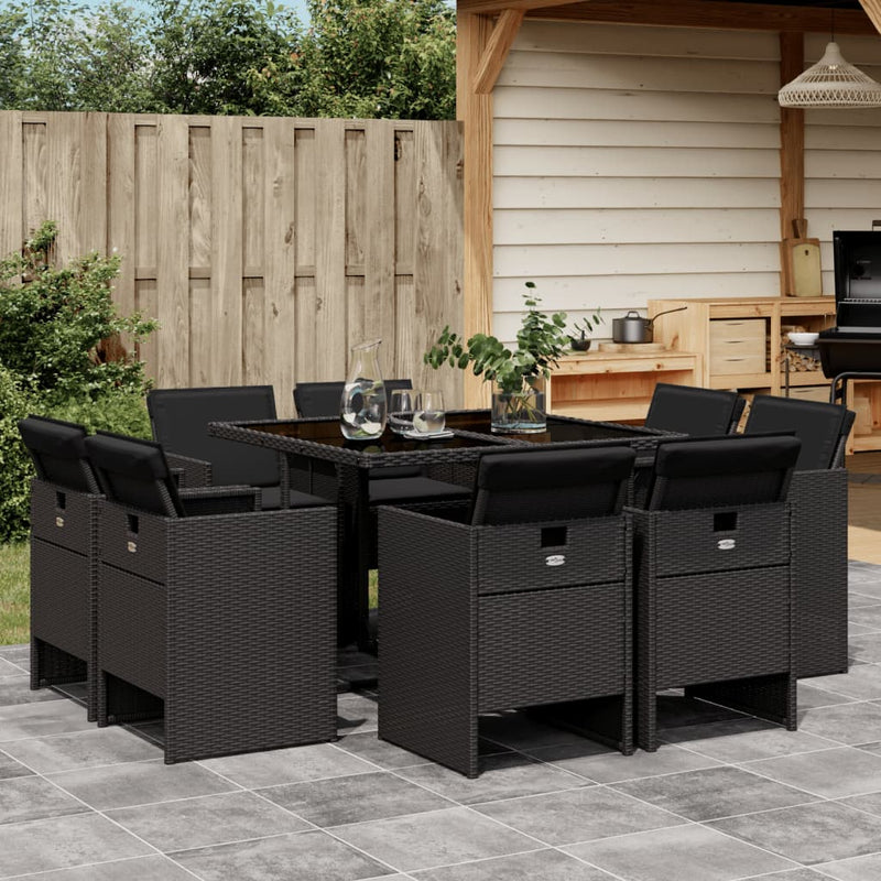 vidaXL 9 Piece Garden Dining Set with Cushions Black Poly Rattan