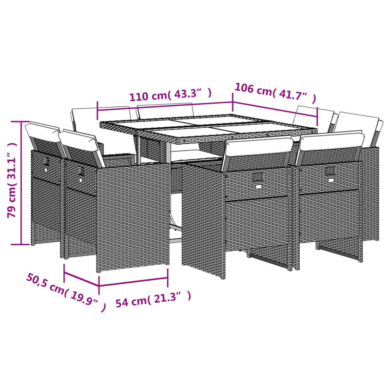 vidaXL 9 Piece Garden Dining Set with Cushions Grey Poly Rattan