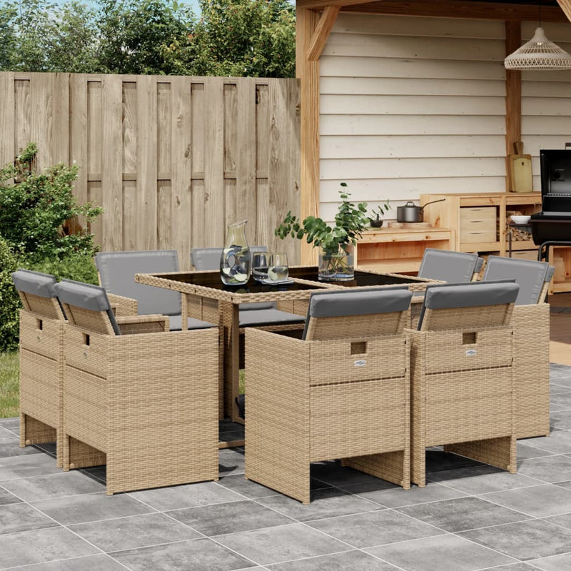 vidaXL 9 Piece Garden Dining Set with Cushions Mix Beige Poly Rattan