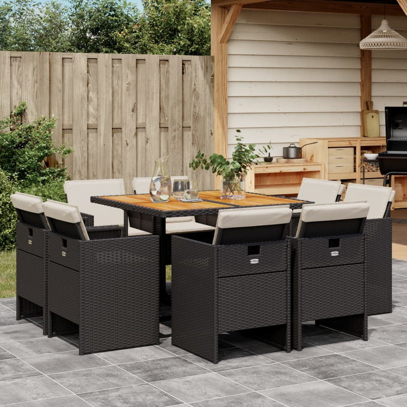 vidaXL 9 Piece Garden Dining Set with Cushions Black Poly Rattan