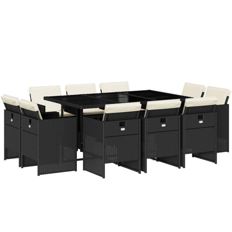 vidaXL 11 Piece Garden Dining Set with Cushions Black Poly Rattan