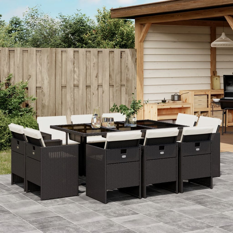 vidaXL 11 Piece Garden Dining Set with Cushions Black Poly Rattan