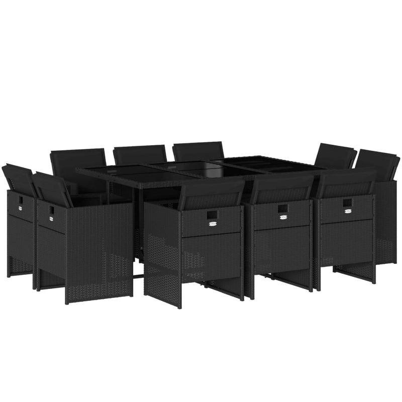 vidaXL 11 Piece Garden Dining Set with Cushions Black Poly Rattan