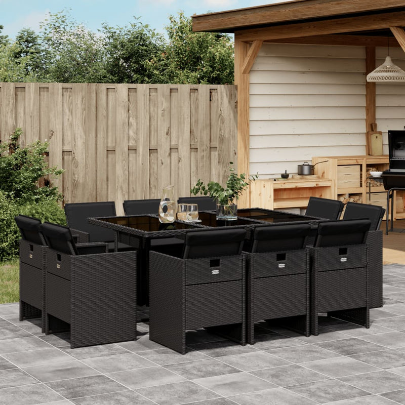 vidaXL 11 Piece Garden Dining Set with Cushions Black Poly Rattan