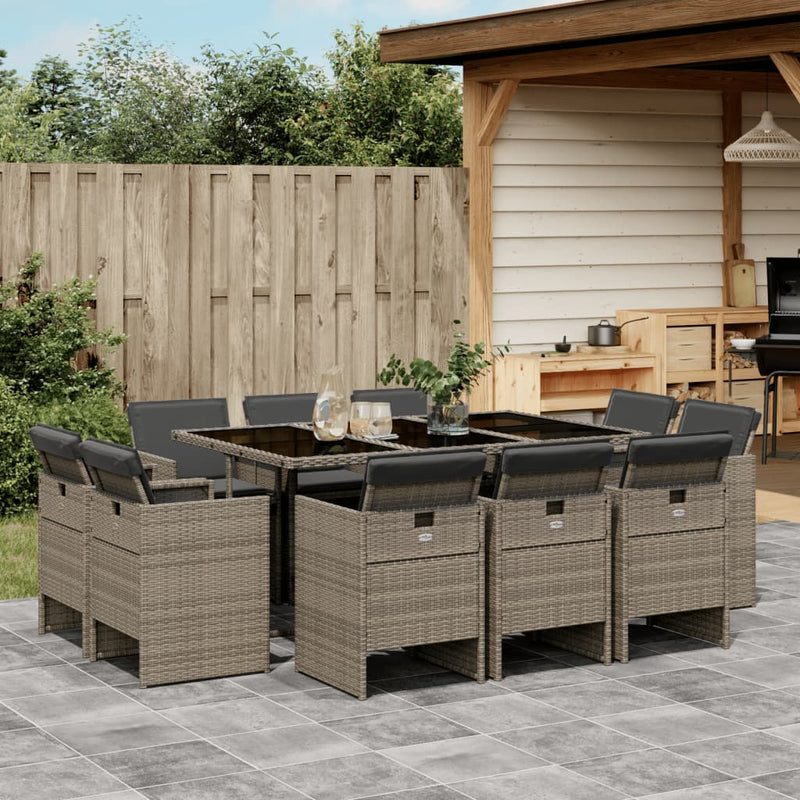 vidaXL 11 Piece Garden Dining Set with Cushions Grey Poly Rattan