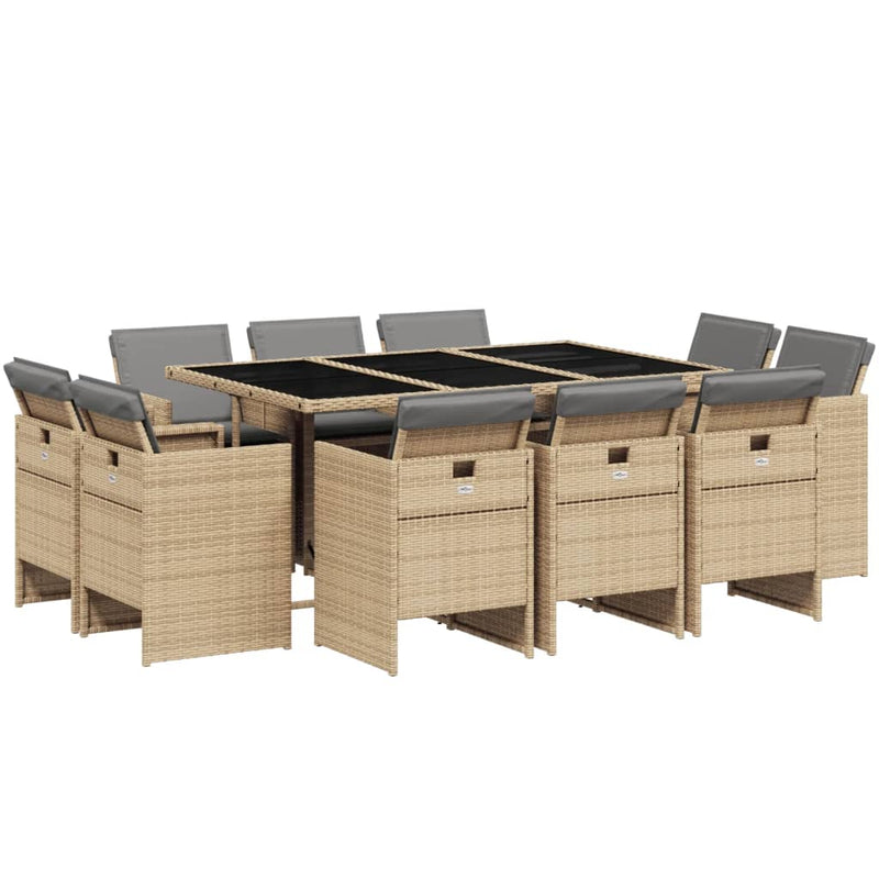 vidaXL 11 Piece Garden Dining Set with Cushions Mix Beige Poly Rattan