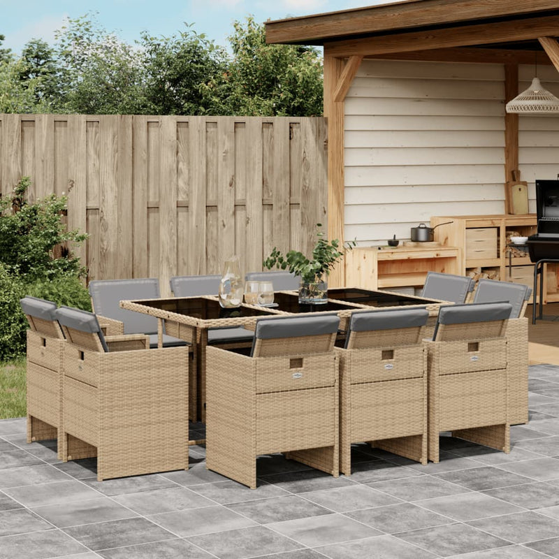vidaXL 11 Piece Garden Dining Set with Cushions Mix Beige Poly Rattan