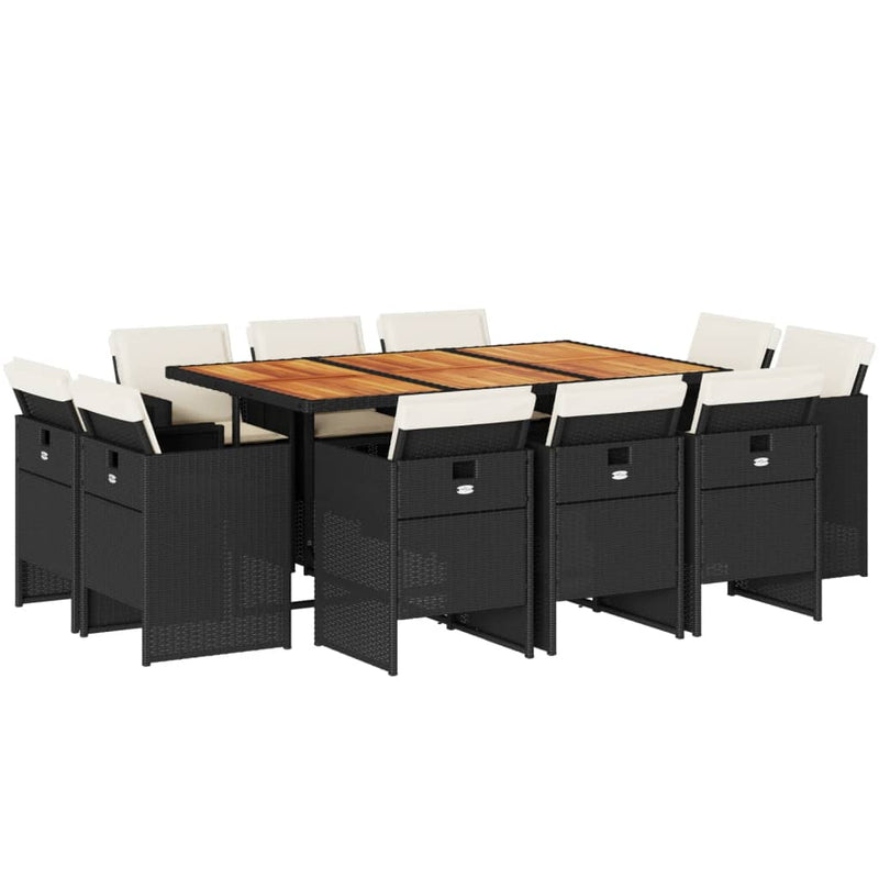 vidaXL 11 Piece Garden Dining Set with Cushions Black Poly Rattan