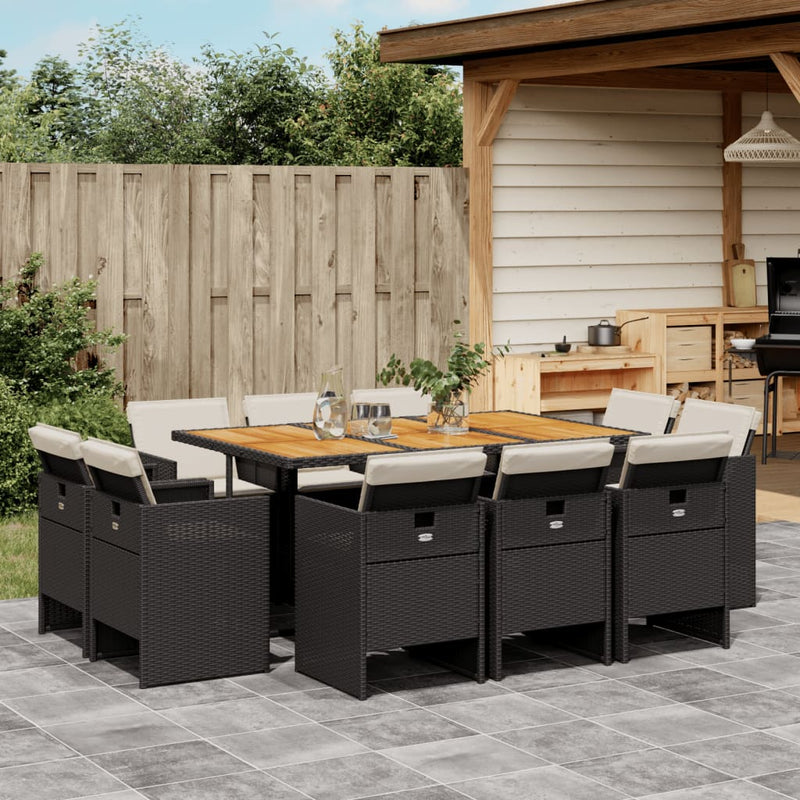 vidaXL 11 Piece Garden Dining Set with Cushions Black Poly Rattan