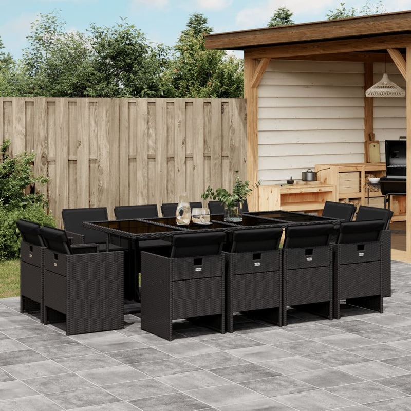 vidaXL 13 Piece Garden Dining Set with Cushions Black Poly Rattan