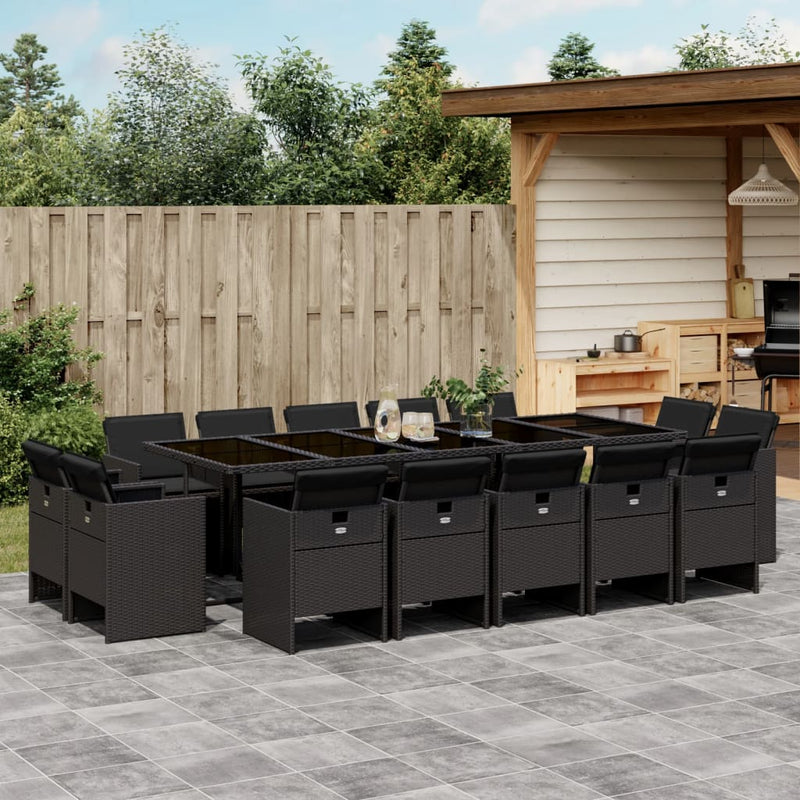 vidaXL 15 Piece Garden Dining Set with Cushions Black Poly Rattan