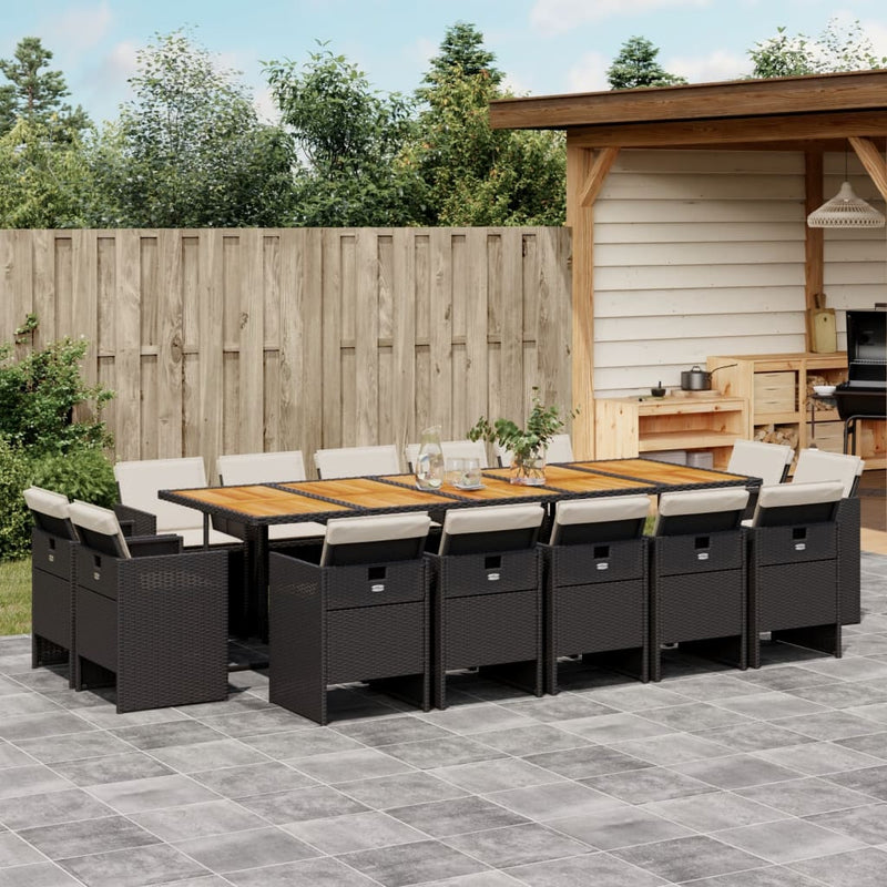vidaXL 15 Piece Garden Dining Set with Cushions Black Poly Rattan