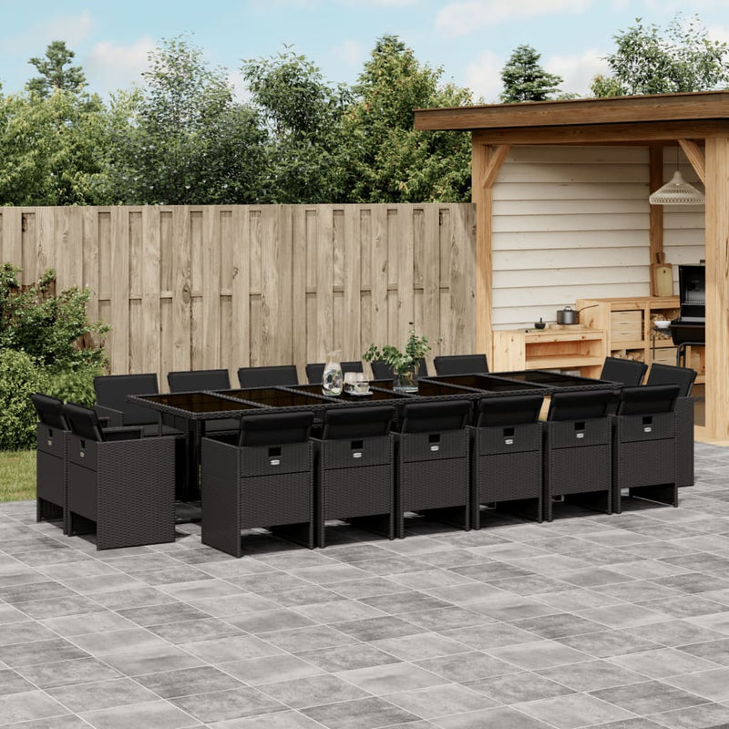 vidaXL 17 Piece Garden Dining Set with Cushions Black Poly Rattan