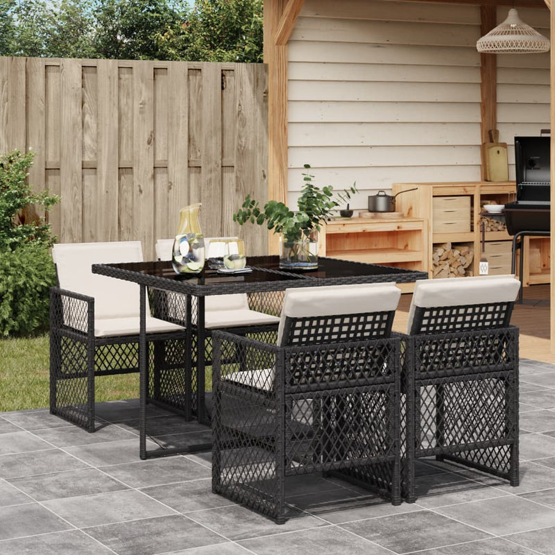 vidaXL 5 Piece Garden Dining Set with Cushions Black Poly Rattan