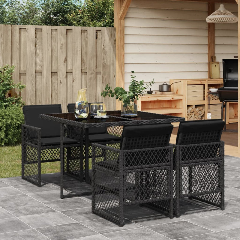 vidaXL 5 Piece Garden Dining Set with Cushions Black Poly Rattan