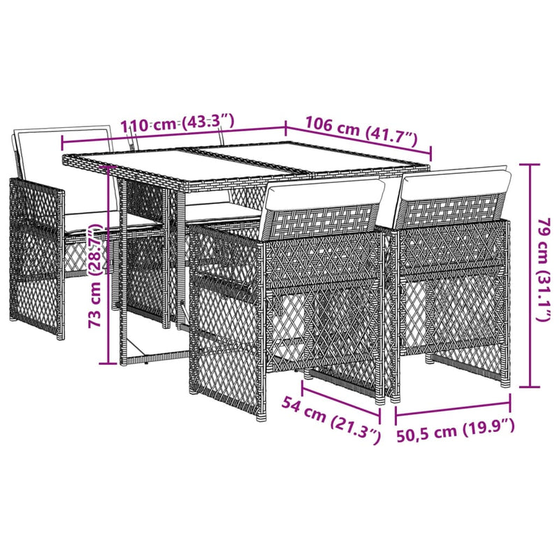 vidaXL 5 Piece Garden Dining Set with Cushions Grey Poly Rattan