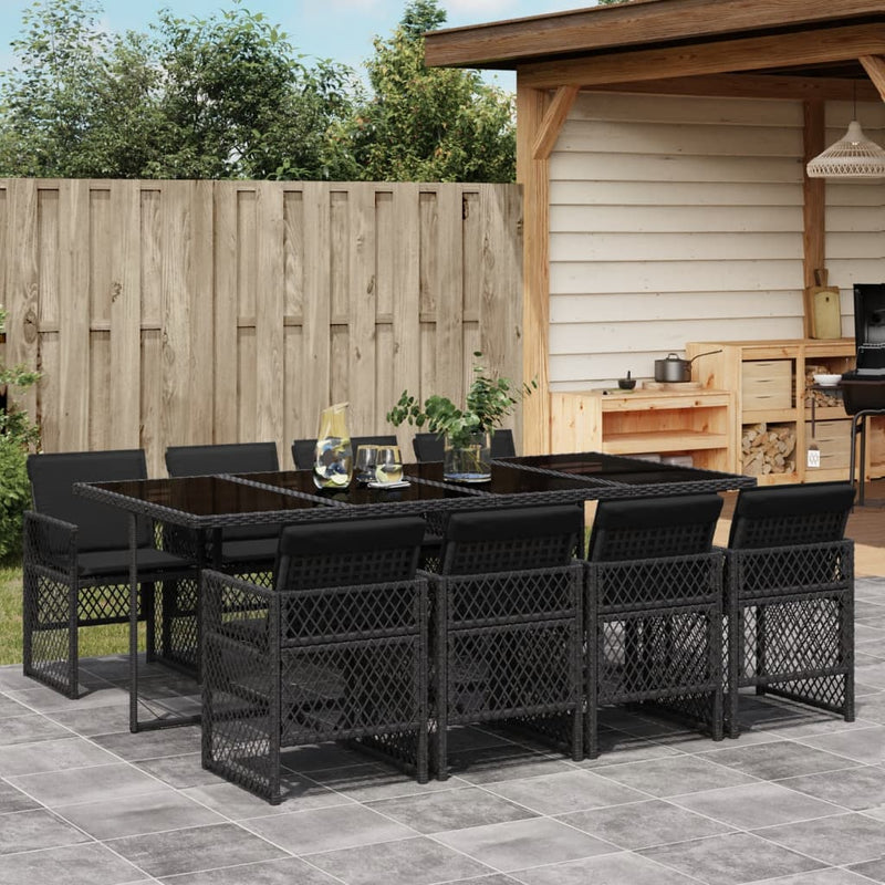 vidaXL 9 Piece Garden Dining Set with Cushions Black Poly Rattan