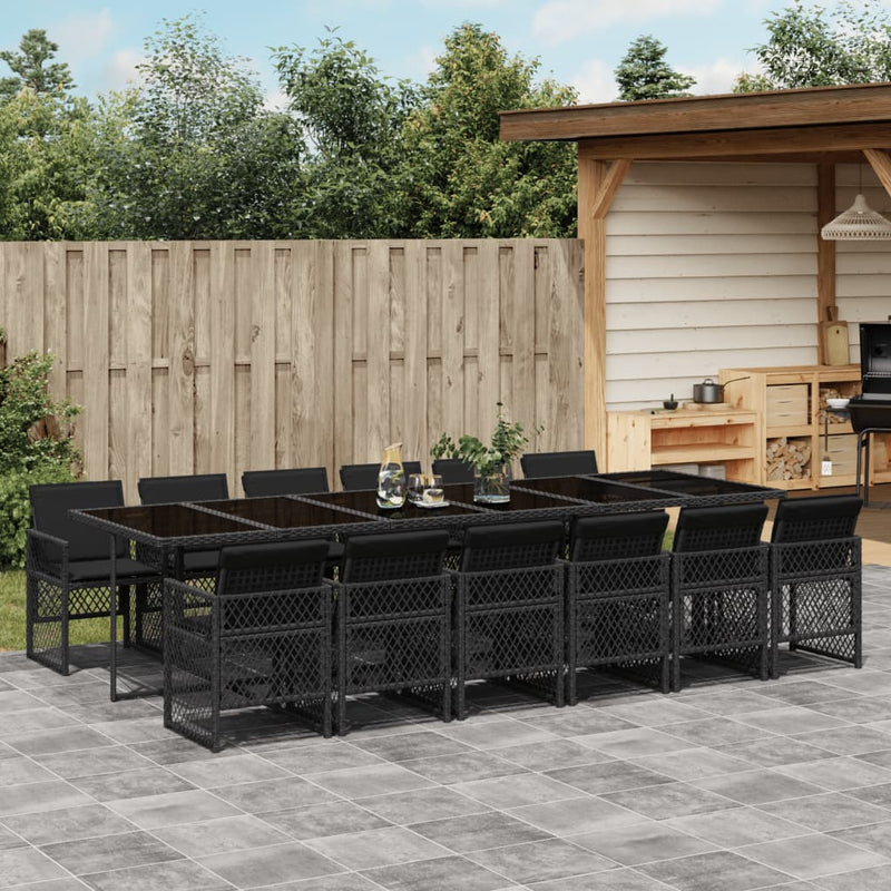 vidaXL 13 Piece Garden Dining Set with Cushions Black Poly Rattan