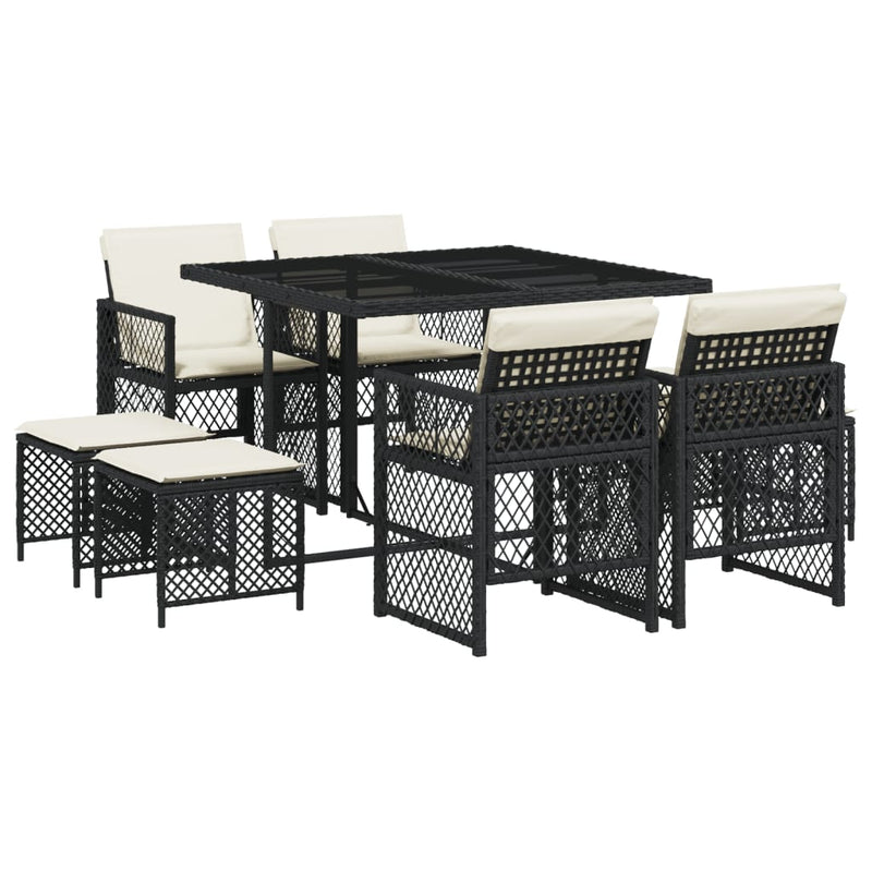 vidaXL 9 Piece Garden Dining Set with Cushions Black Poly Rattan