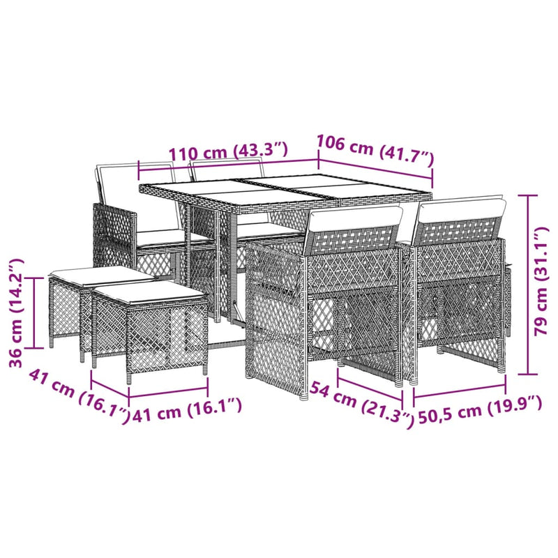 vidaXL 9 Piece Garden Dining Set with Cushions Grey Poly Rattan