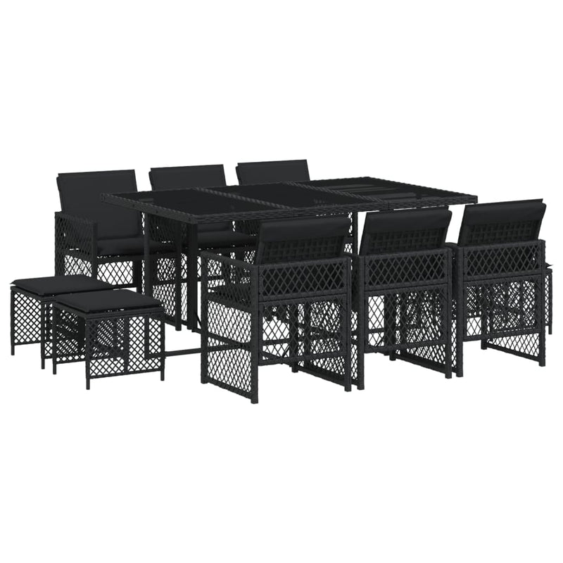 vidaXL 11 Piece Garden Dining Set with Cushions Black Poly Rattan