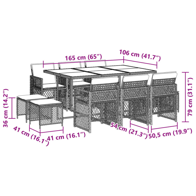 vidaXL 11 Piece Garden Dining Set with Cushions Grey Poly Rattan