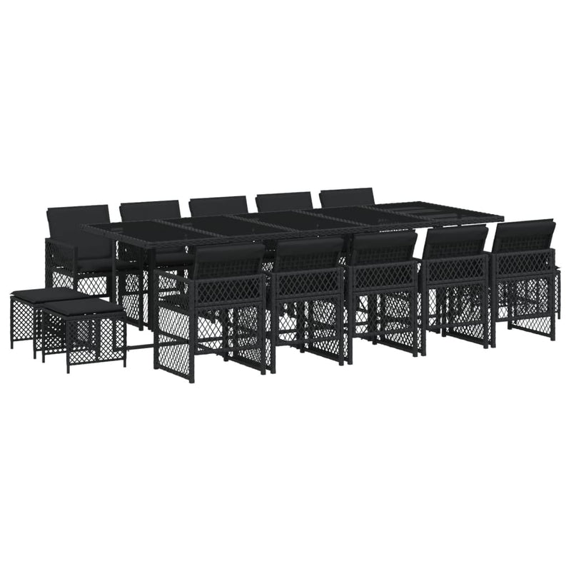 vidaXL 15 Piece Garden Dining Set with Cushions Black Poly Rattan