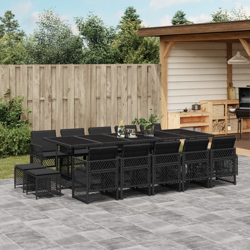 vidaXL 15 Piece Garden Dining Set with Cushions Black Poly Rattan