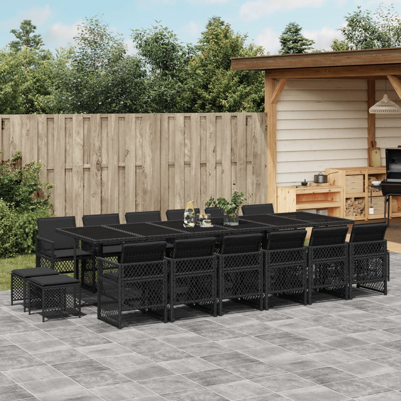 vidaXL 17 Piece Garden Dining Set with Cushions Black Poly Rattan