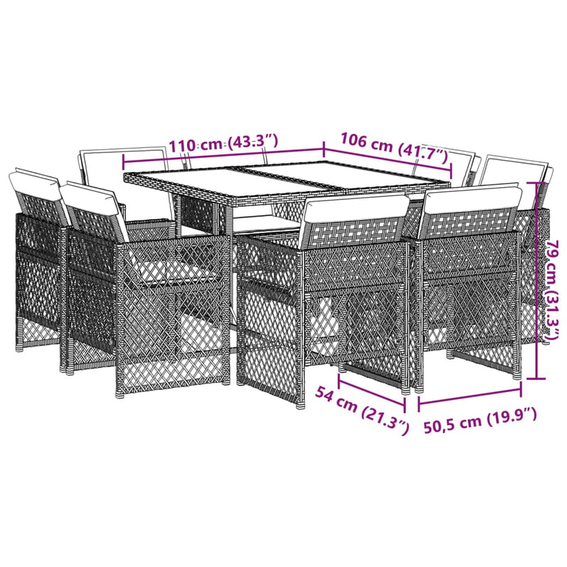 vidaXL 9 Piece Garden Dining Set with Cushions Grey Poly Rattan
