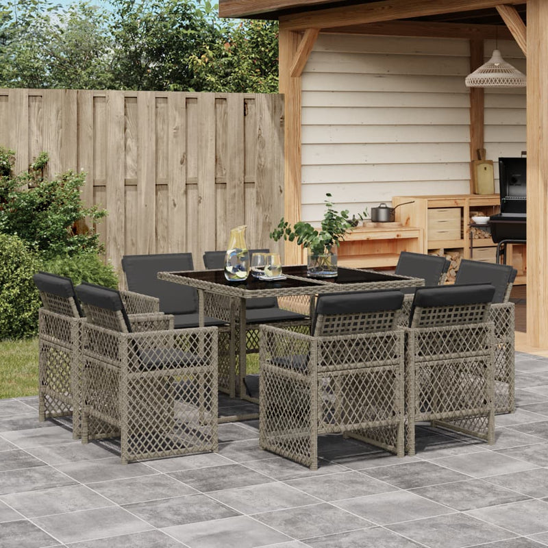 vidaXL 9 Piece Garden Dining Set with Cushions Grey Poly Rattan