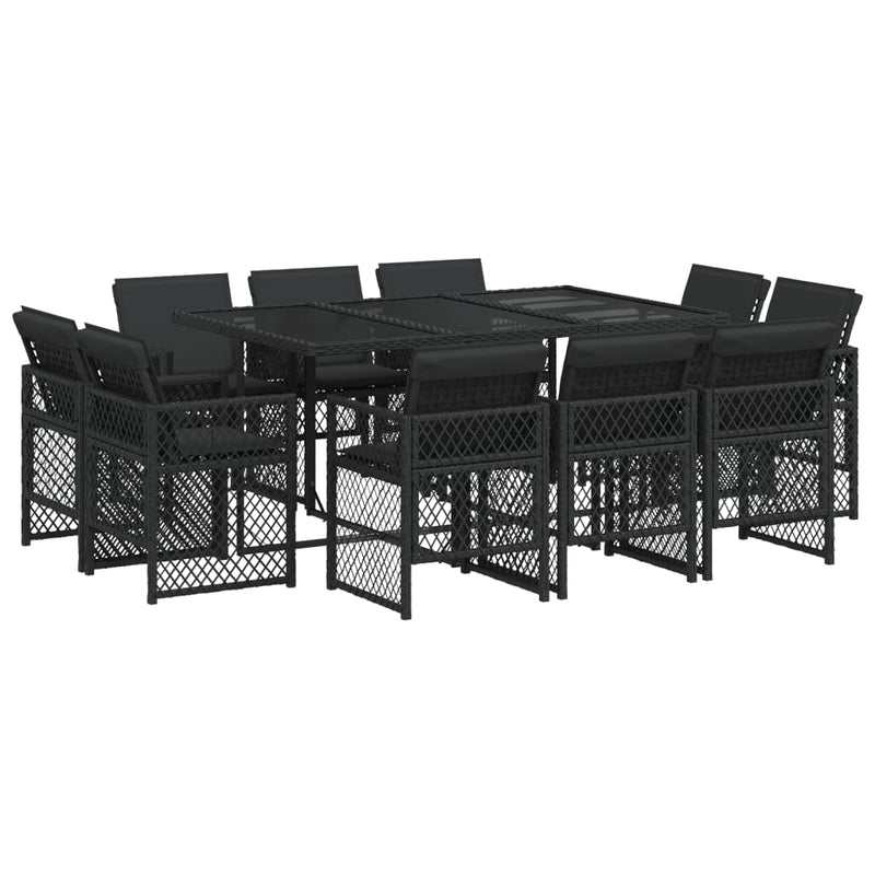 vidaXL 11 Piece Garden Dining Set with Cushions Black Poly Rattan