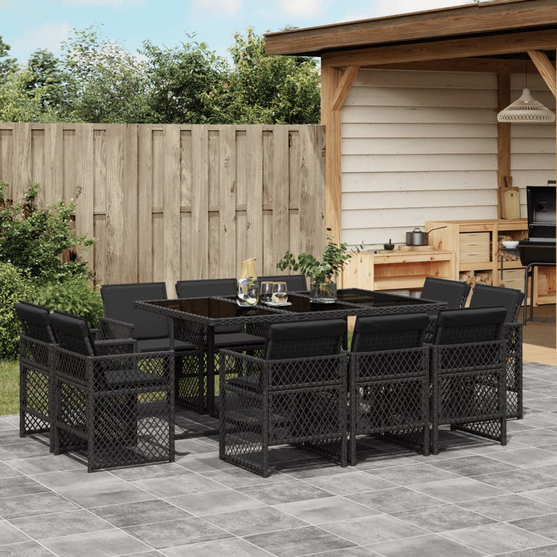 vidaXL 11 Piece Garden Dining Set with Cushions Black Poly Rattan