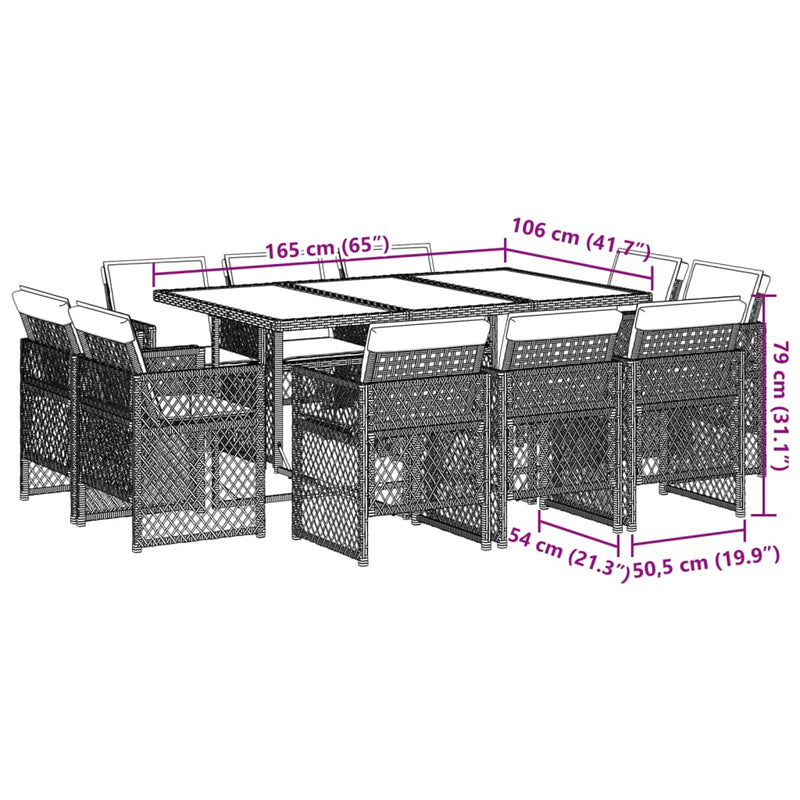 vidaXL 11 Piece Garden Dining Set with Cushions Grey Poly Rattan