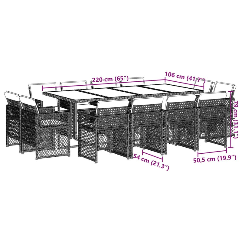 vidaXL 13 Piece Garden Dining Set with Cushions Black Poly Rattan