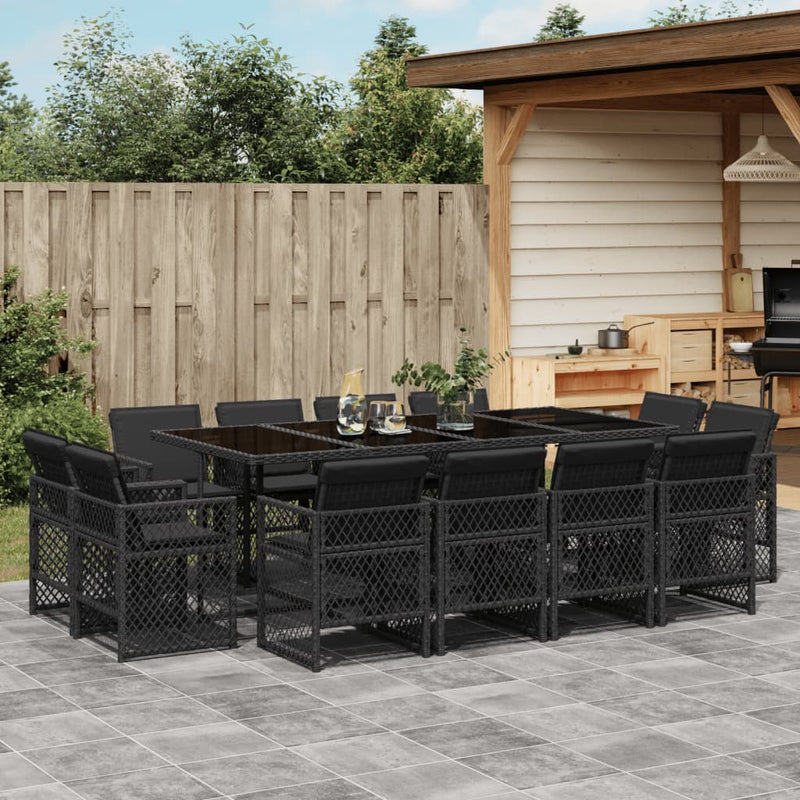 vidaXL 13 Piece Garden Dining Set with Cushions Black Poly Rattan