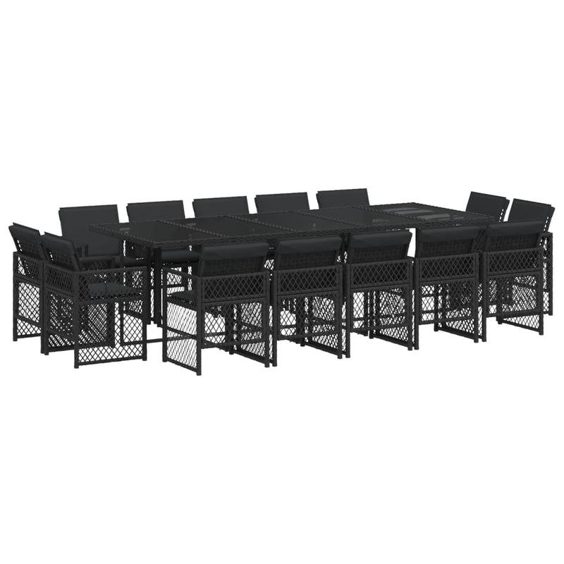 vidaXL 15 Piece Garden Dining Set with Cushions Black Poly Rattan