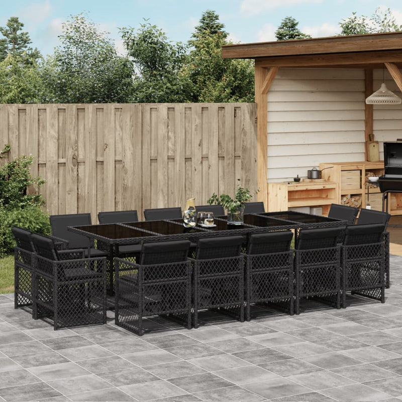 vidaXL 15 Piece Garden Dining Set with Cushions Black Poly Rattan