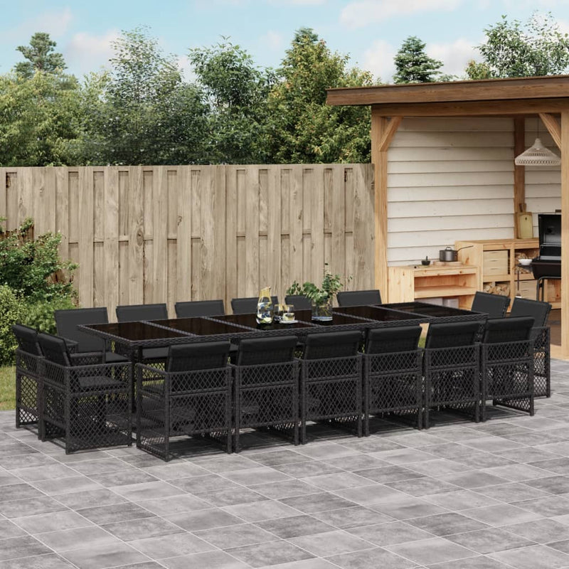 vidaXL 17 Piece Garden Dining Set with Cushions Black Poly Rattan