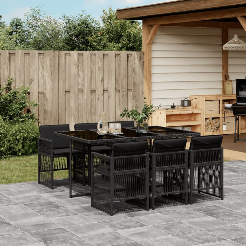vidaXL 7 Piece Garden Dining Set with Cushions Black Poly Rattan
