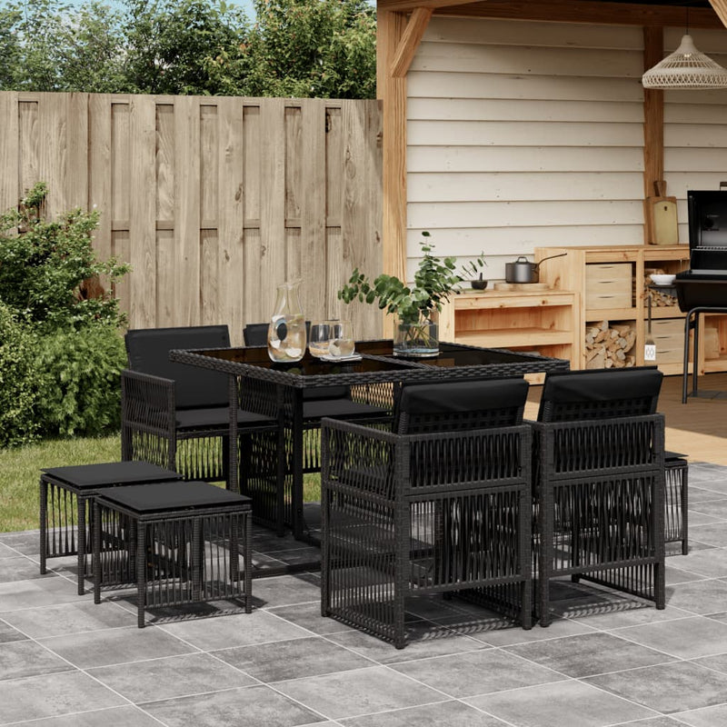 vidaXL 9 Piece Garden Dining Set with Cushions Black Poly Rattan