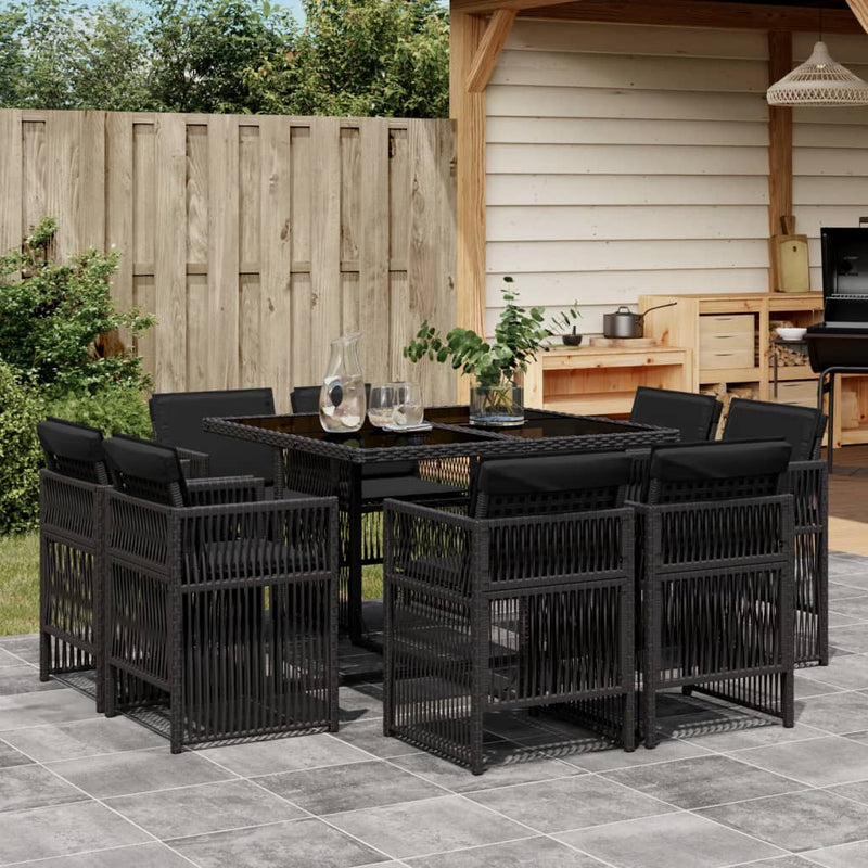 vidaXL 9 Piece Garden Dining Set with Cushions Black Poly Rattan