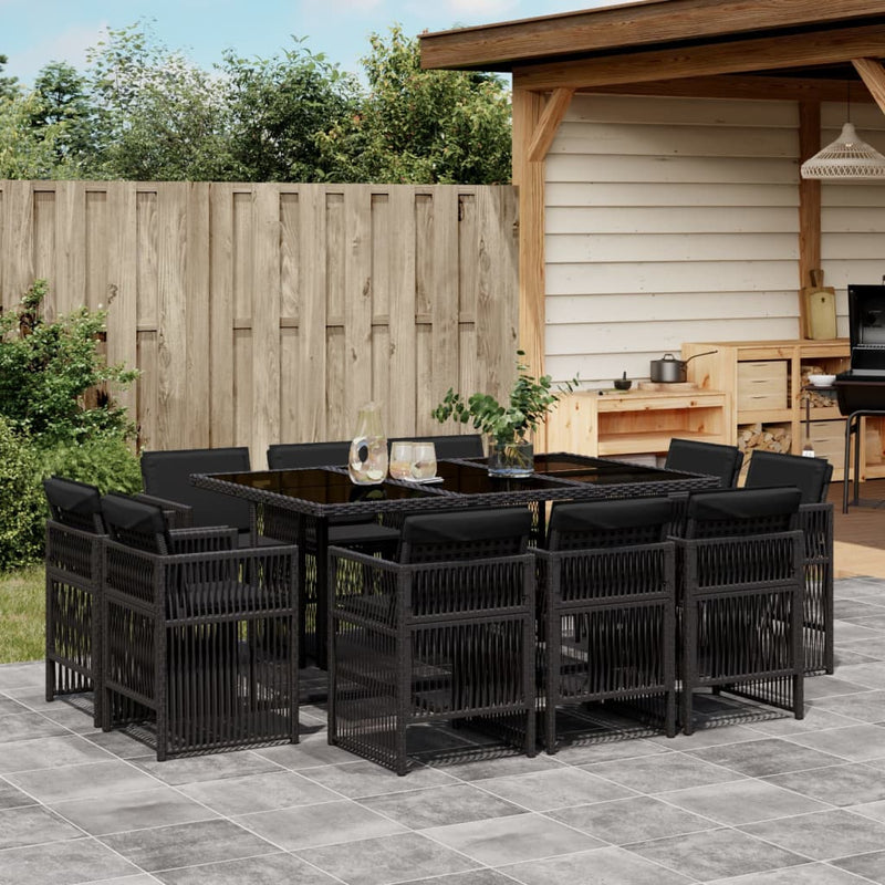 vidaXL 11 Piece Garden Dining Set with Cushions Black Poly Rattan