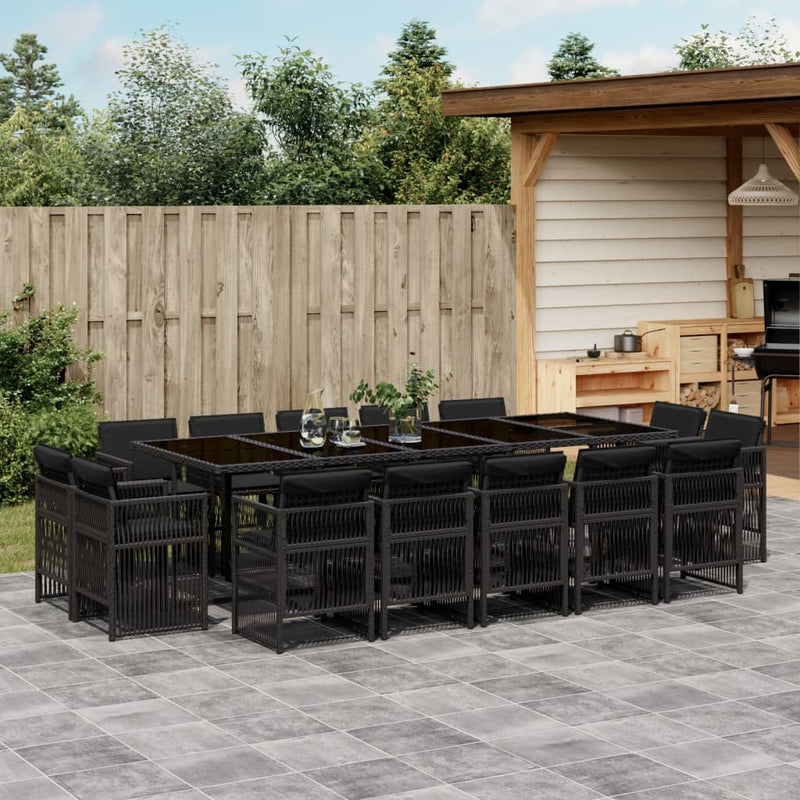 vidaXL 15 Piece Garden Dining Set with Cushions Black Poly Rattan
