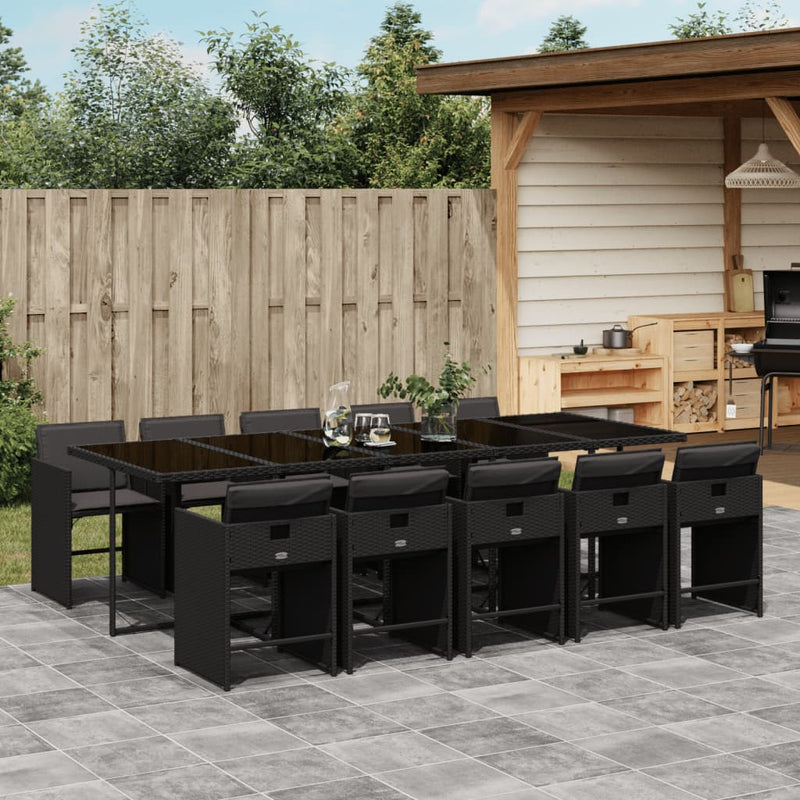 vidaXL 11 Piece Garden Dining Set with Cushions Black Poly Rattan