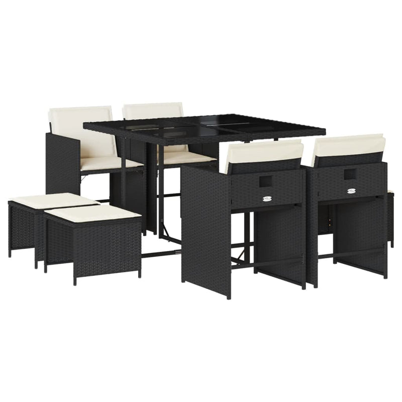 vidaXL 9 Piece Garden Dining Set with Cushions Black Poly Rattan