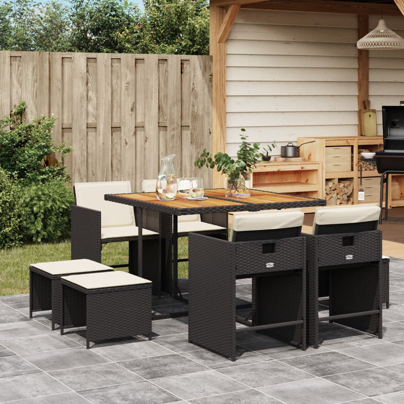 vidaXL 9 Piece Garden Dining Set with Cushions Black Poly Rattan