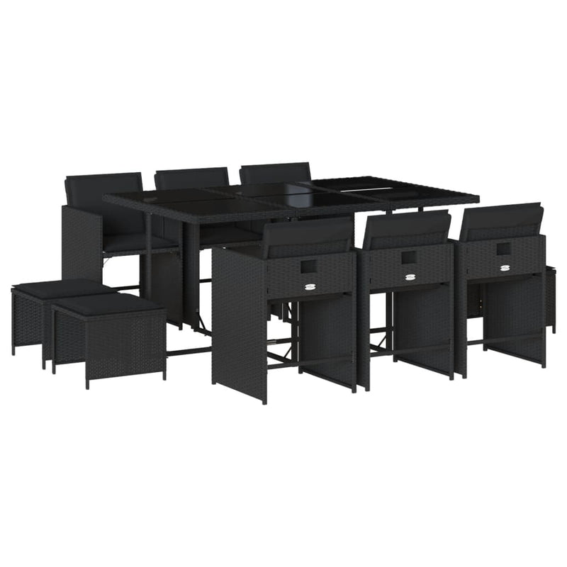 vidaXL 11 Piece Garden Dining Set with Cushions Black Poly Rattan