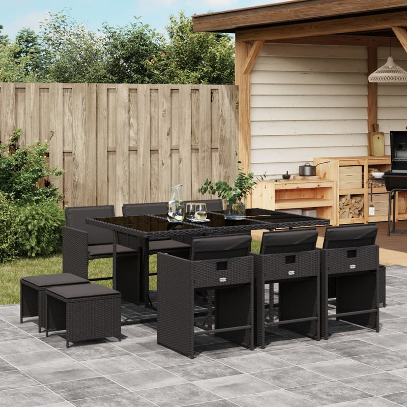 vidaXL 11 Piece Garden Dining Set with Cushions Black Poly Rattan