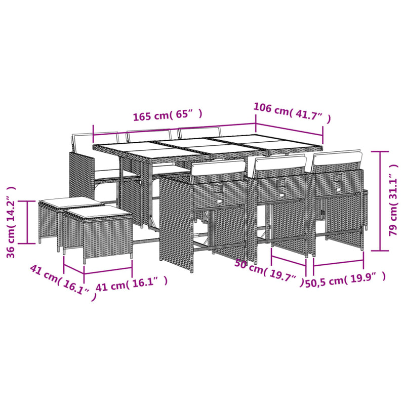 vidaXL 11 Piece Garden Dining Set with Cushions Grey Poly Rattan
